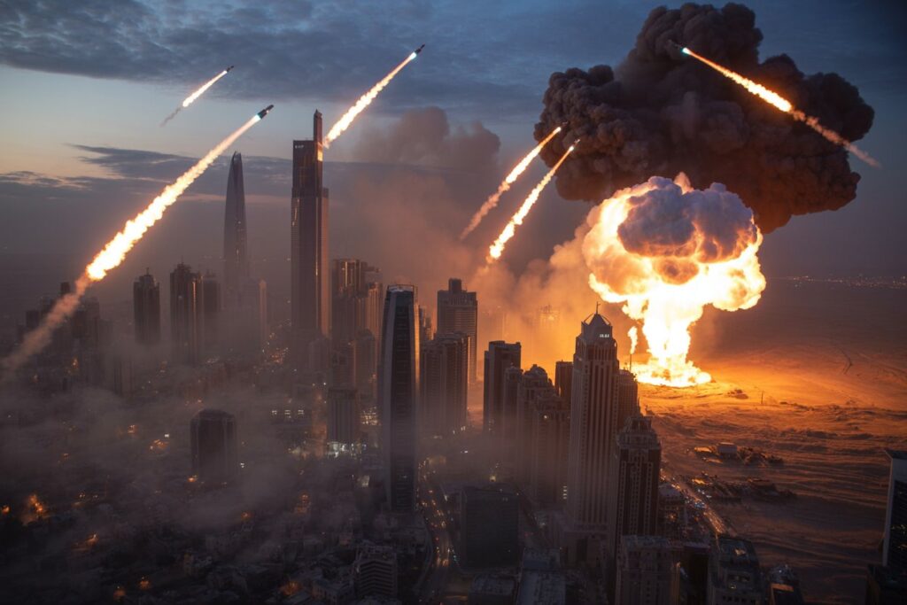 Exploding fireball over a skyline as missiles streak across the sky above a city at dusk.