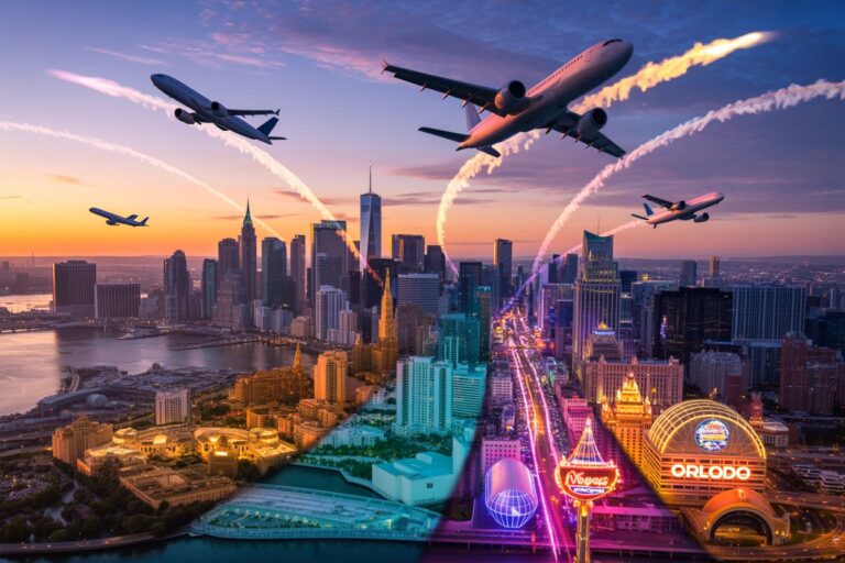 A vibrant city skyline at sunset with multiple airplanes creating neon trails overhead.