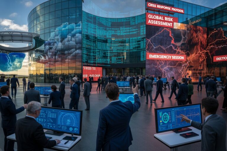 Group of professionals in suits standing and walking in a futuristic open-control room with large digital screens and a glass building backdrop.