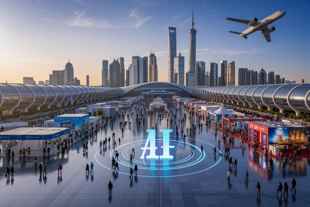 Futuristic city plaza with a glowing AI emblem on polished tiles and concentric rings, busy expo crowd under a modern skyline and plane overhead.