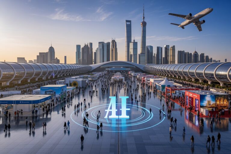 Futuristic city plaza with a glowing AI emblem on polished tiles and concentric rings, busy expo crowd under a modern skyline and plane overhead.