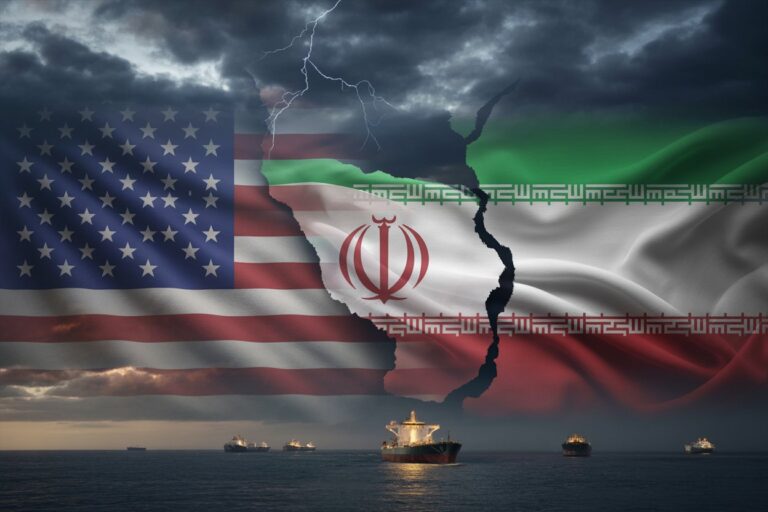 Flag montage merging the United States and Iran with a jagged crack between them, over a stormy sky and ships at sea, symbolizing naval tension.