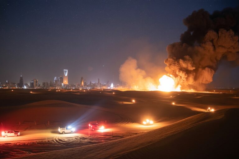 Night view of a desert with a distant city skyline and a massive fireball with thick smoke on the horizon, emergency vehicles with flashing lights nearby