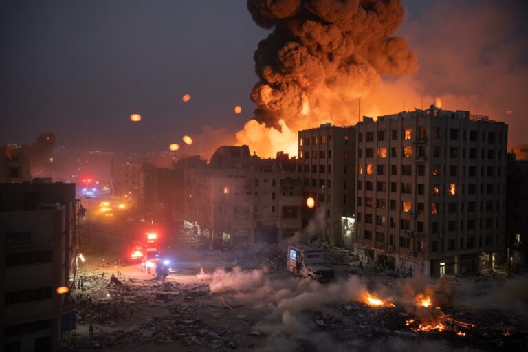 Nighttime city street on fire after explosion; large smoke plume rises from a burned apartment building, emergency vehicles with flashing lights nearby.