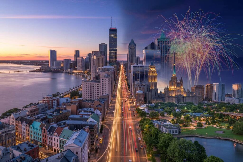 Aerial view of a coastal city at sunset with a long central avenue of lights, high-rise buildings, and colorful fireworks in the night sky above.