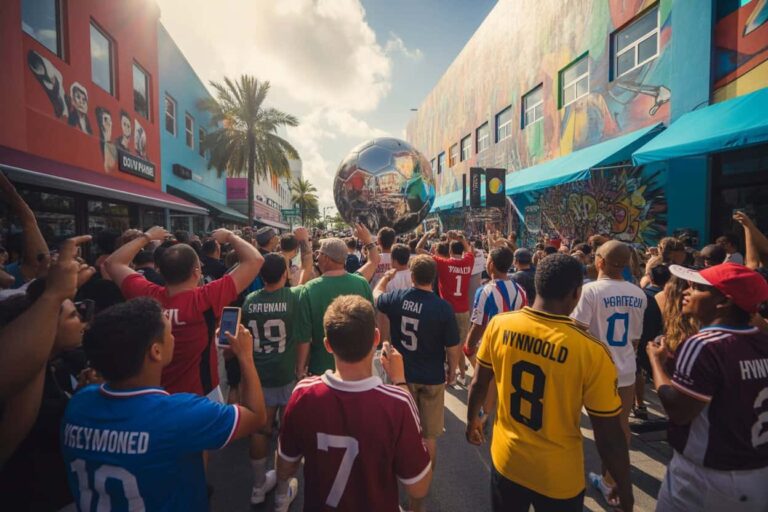Crowd of soccer fans in colorful jerseys crowds a street parade with a large reflective soccer ball sculpture ahead.