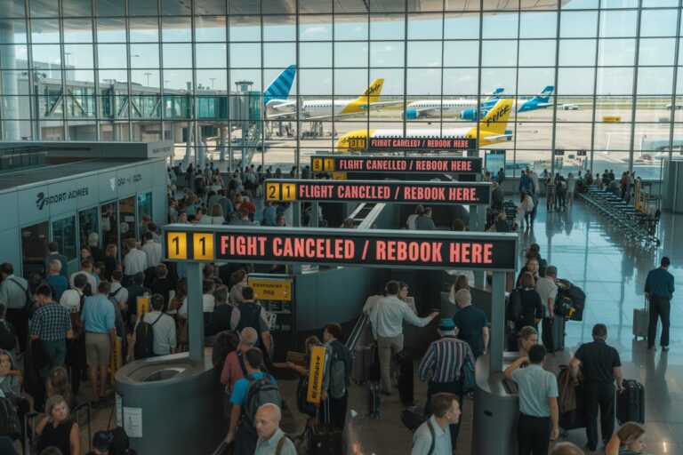 Busy airport check-in area with multiple flight cancellation signs reading 'Flight Cancelled / Rebook Here' above gates and crowds waiting with luggage.
