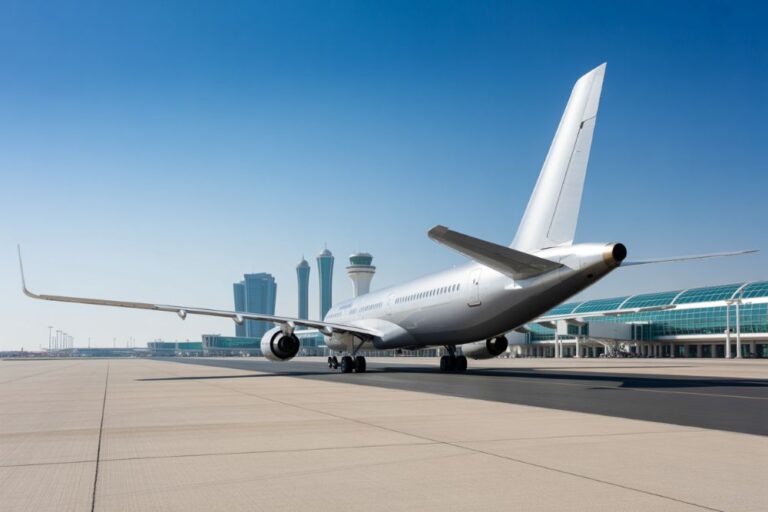 Commercial airliner on the airport tarmac with a modern terminal and control towers in the background under a clear blue sky, taken from a low angle behind the aircraft's rear fuselage.