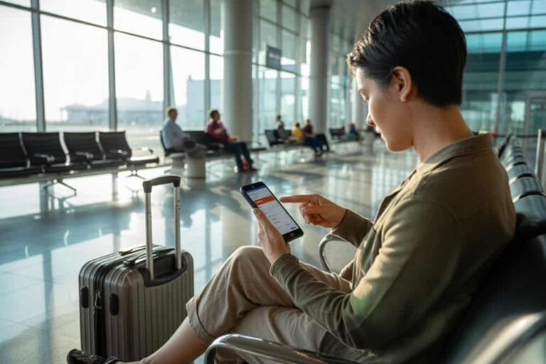 Woman seated in an airport terminal is using a smartphone beside a silver suitcase with a handle upright next to her.