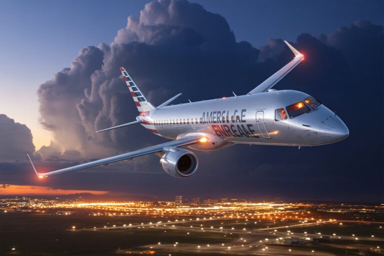 Commercial jet with red, white, and blue tail flying over a brightly lit airport at dusk, with dramatic clouds in the background.