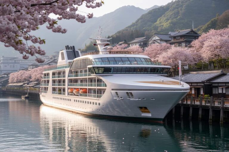 White luxury cruise ship docked beside a canal lined with cherry blossoms and traditional Japanese buildings.