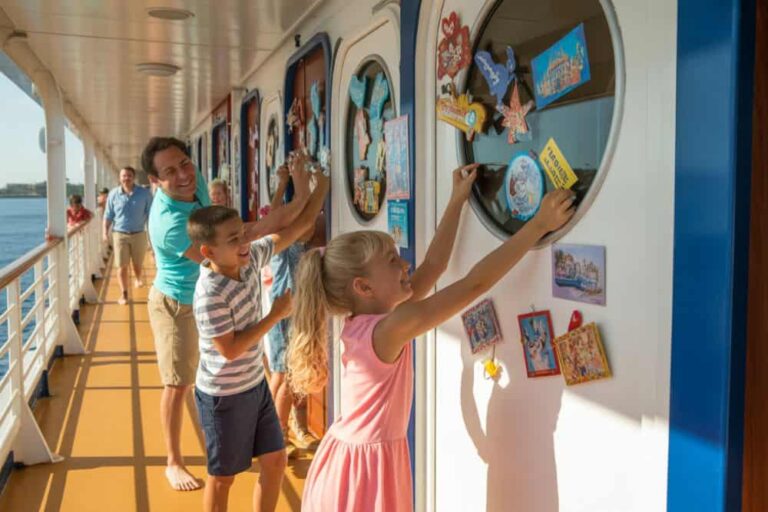 Family on a sunny cruise ship deck playfully placing items on large circular portholes covered with stickers and cards by the wall.