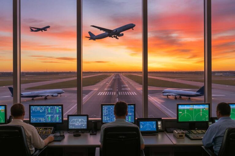 Three operators sit at a row of consoles in a control room, facing a large window overlooking a runway at sunset as planes taxi and take off.