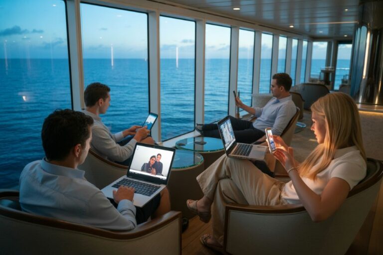 Professionals working on laptops and phones in a sea-view cruise ship lounge with large windows.