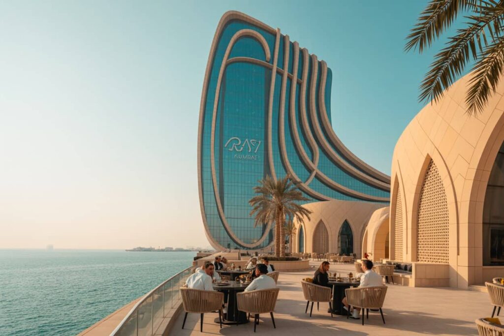 Outdoor seaside dining on a terrace with round tables, palm trees, and a futuristic blue glass building by the water.