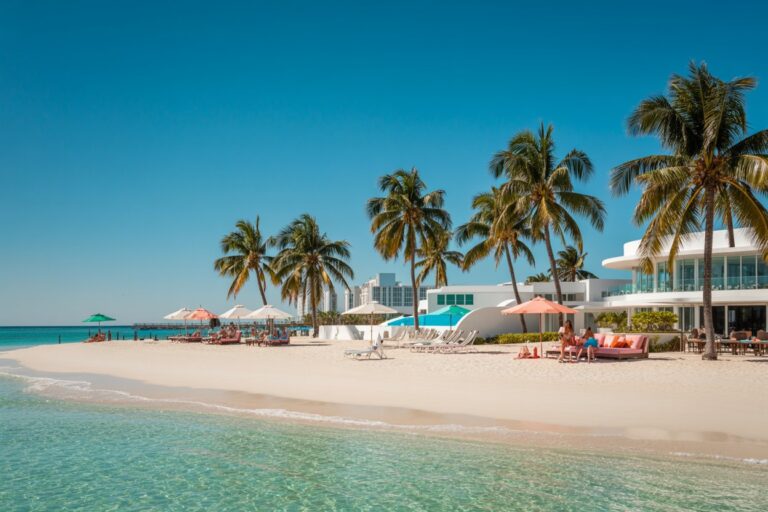 Tropical beach resort with palm trees, white sand, turquoise water, and outdoor lounge areas under colorful umbrellas.