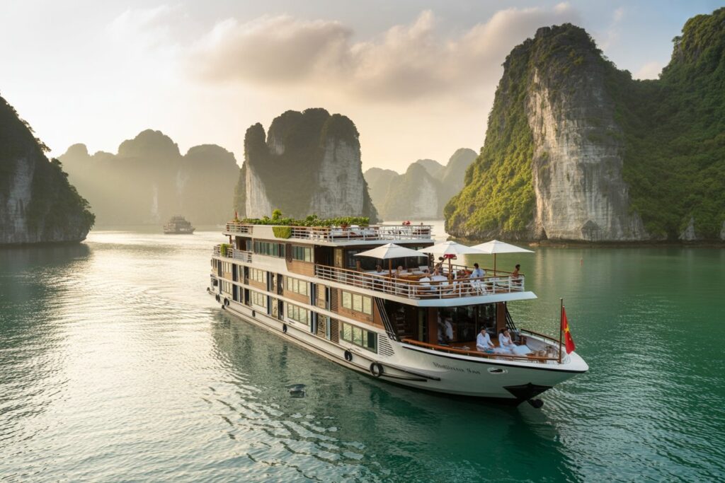 Large white multi-deck cruise ship sailing on emerald waters, passengers on deck under umbrellas with towering limestone islands in the background.