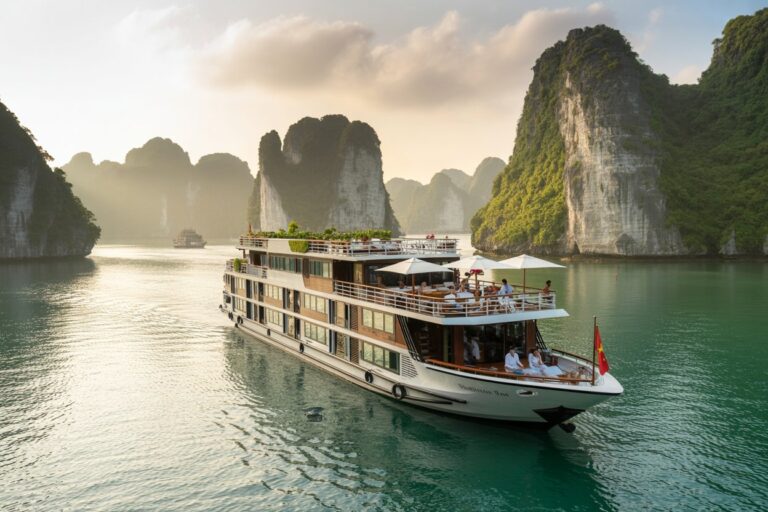 Large white multi-deck cruise ship sailing on emerald waters, passengers on deck under umbrellas with towering limestone islands in the background.