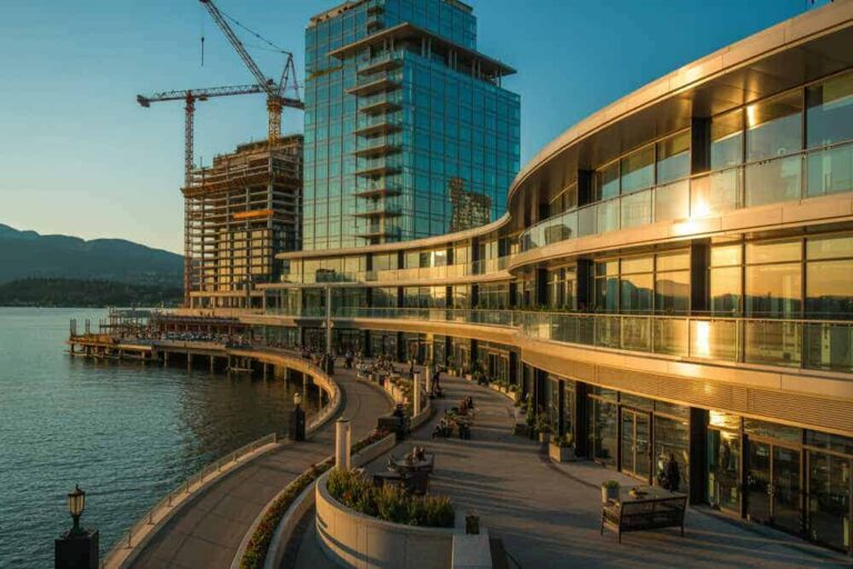 Curved glass-fronted waterfront building at sunset with a promenade and construction cranes in the background.