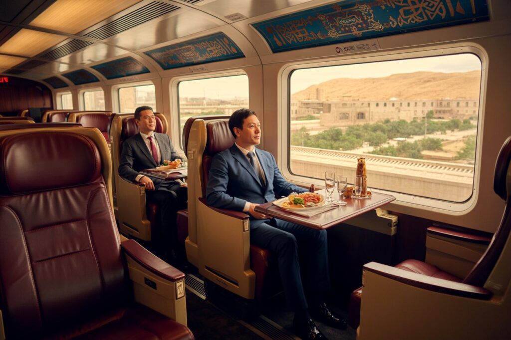 Two businessmen in a train dining car, meals on trays as they look out the window at a desert landscape.