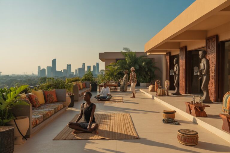 Woman meditating cross-legged on a rug on a sunny rooftop terrace with seating and tropical plants, city skyline in the distance.
