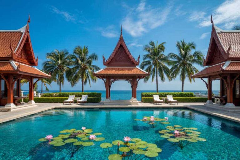 Resort pool with lotus flowers, red Thai-style pavilions, and palm trees against a blue sky and ocean backdrop.