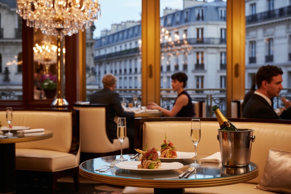 Upscale restaurant table with a champagne bucket, two plated dishes, and wine glasses under warm chandeliers.