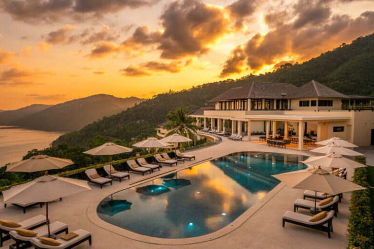 Luxury hillside resort pool at sunset with umbrellas, loungers, and a panoramic ocean view behind the building/terrace.