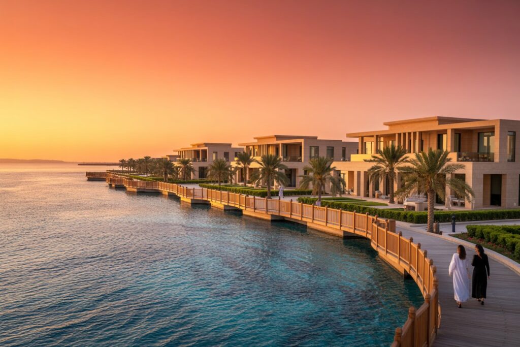 Sunset glow over a luxury waterfront resort with a wooden boardwalk, palm trees, and modern beige buildings along the water; two people walk side by side on the path