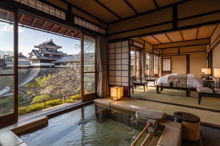 Ryokan-style room with a sunken onsen bath and sliding shoji doors, overlooking a castle and garden through large windows