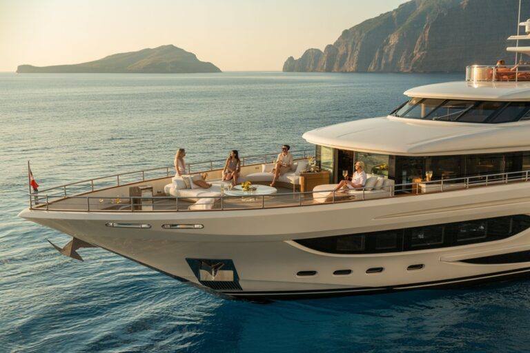 Luxurious white yacht on calm blue sea with passengers relaxing on the sun deck at sunset.