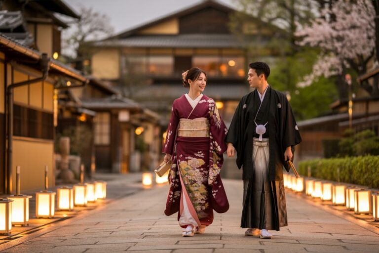 A couple wearing traditional kimonos stroll down a lantern-lit stone path in a historic Japanese street at dusk and smile at each other.