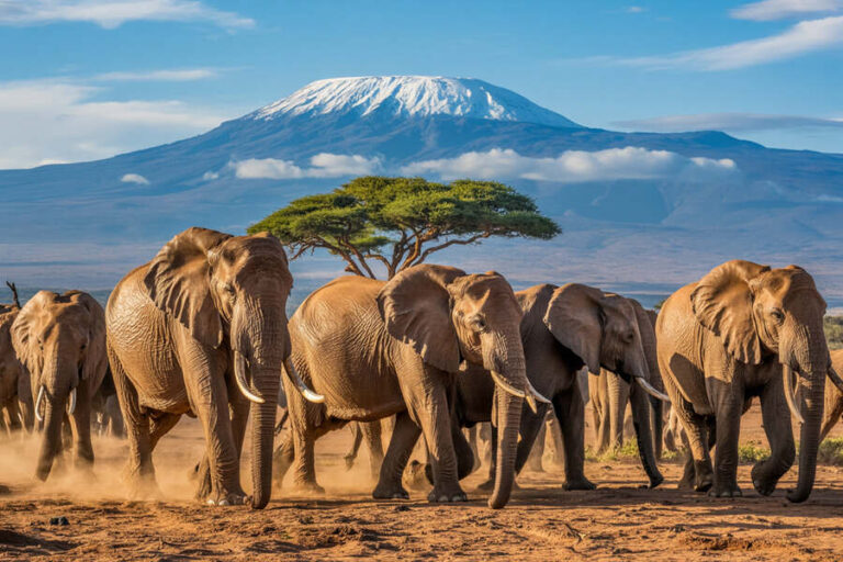 Herd of elephants walking across dusty savannah with snow-capped Mount Kilimanjaro in the background