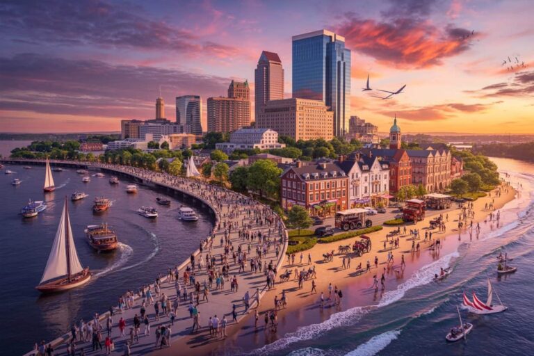 Crowded waterfront promenade along a curved seawall with boats on the water and a sunset-lit city skyline beyond.