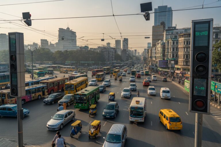 Busy city street intersection with multiple buses, cars, and rickshaws; skyscrapers and overhead wires in the background.