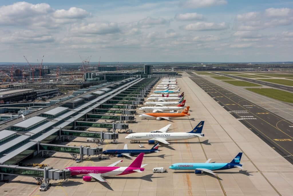 Aerial view of a busy airport with multiple jet bridges and parked colorful airplanes lined up at the gates