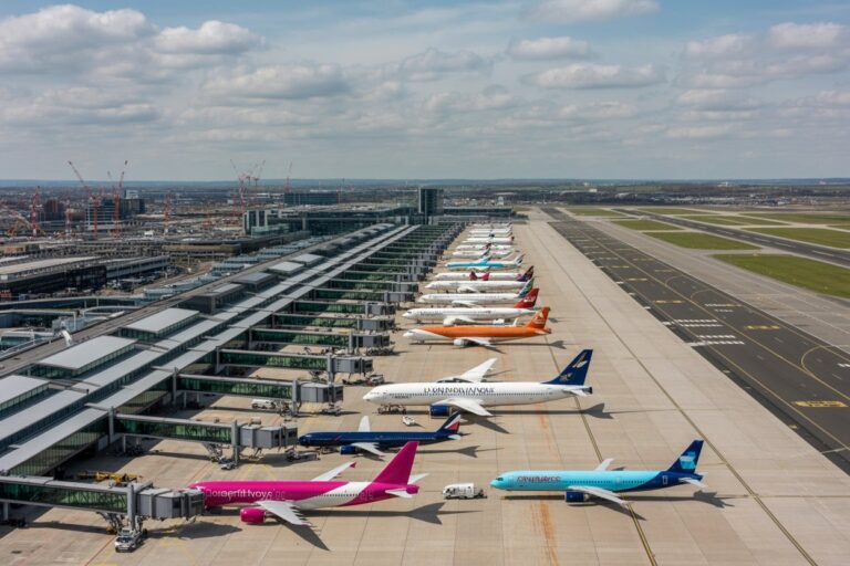 Aerial view of a busy airport with multiple jet bridges and parked colorful airplanes lined up at the gates