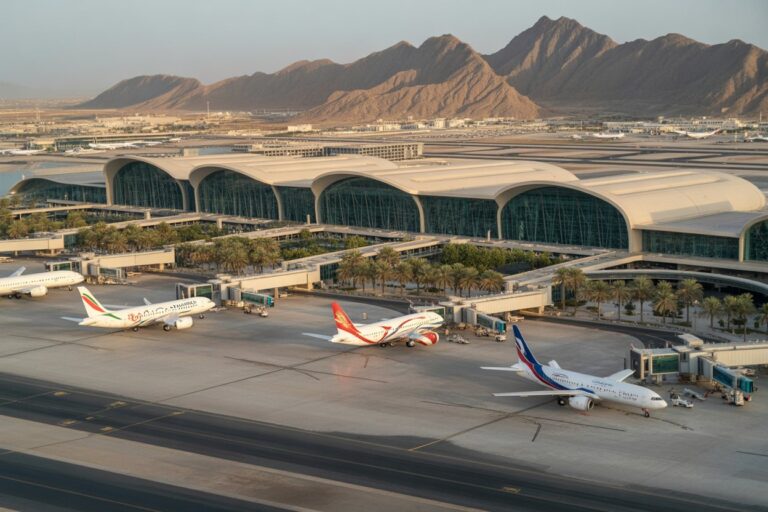 Airport terminal with curved arches and glass facade, several airplanes parked at gates on the tarmac with palm trees nearby, desert mountains in the distance