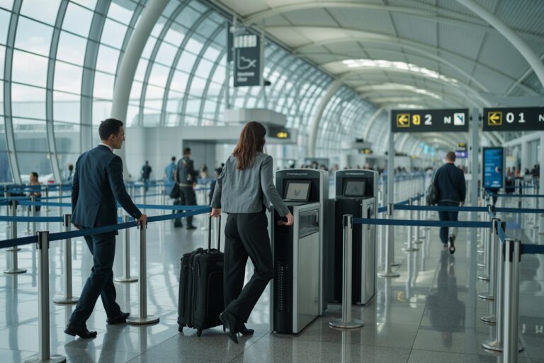 Businesswoman with rolling suitcase using a self-check-in kiosk in a bright, curved-airport concourse.