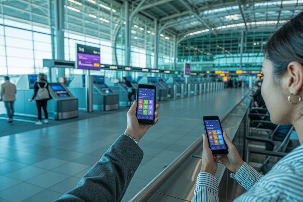 Two travelers in a bright airport terminal hold smartphones displaying app dashboards, with self-checkin kiosks in the background.