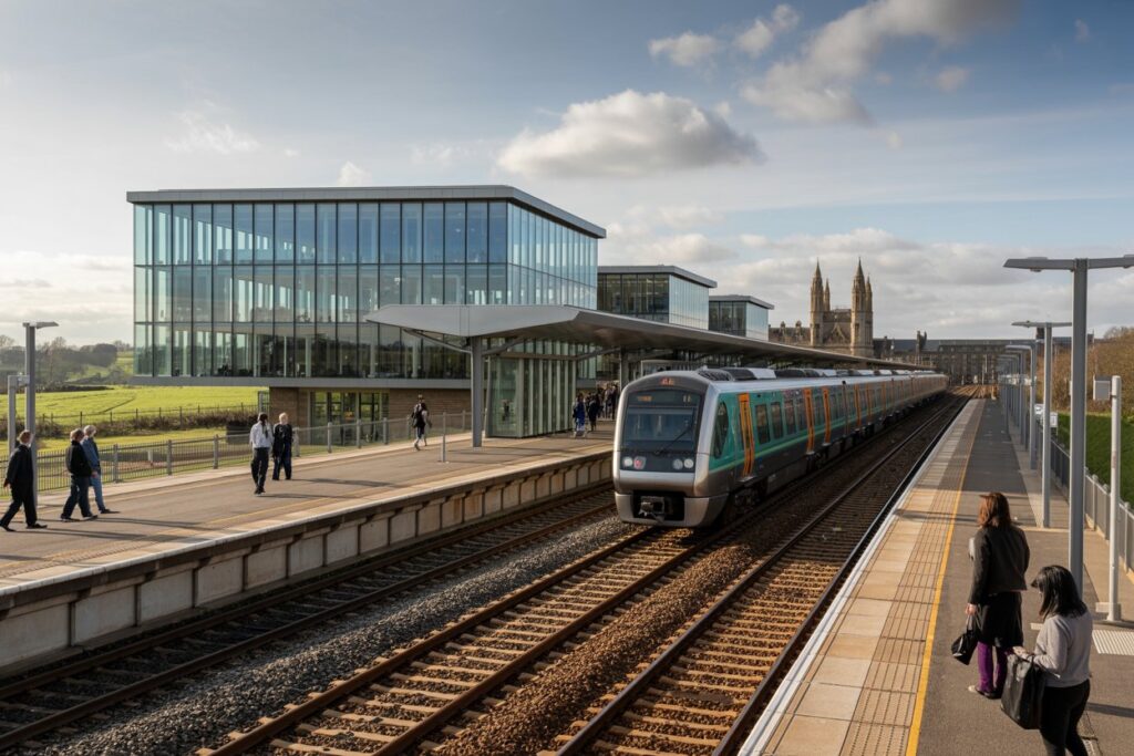 Modern glass-fronted train station with a silver commuter train arriving on the tracks; pedestrians on the platform at left.