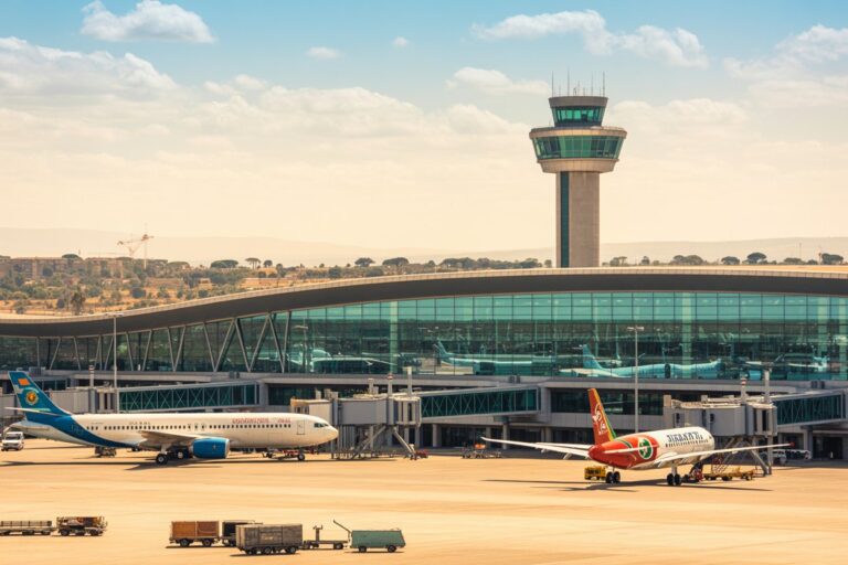 Airport tarmac with two airplanes at gates in front of a glass-terminal building and a tall control tower under a blue sky with clouds.