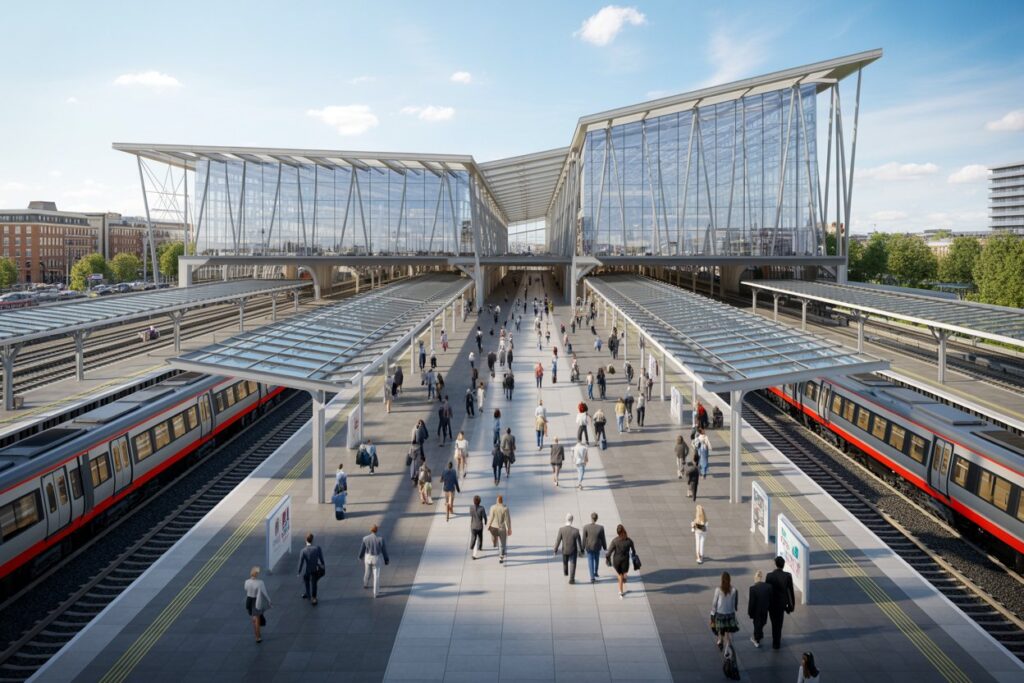 Modern train station with glass-walled atrium and two platforms, trains parked on either side as pedestrians walk toward a central concourse under a sunny sky.