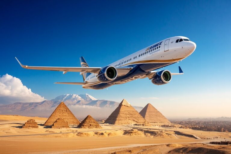 Airplane flying low over the Pyramids of Giza in a sandy desert with distant mountains under a blue sky.