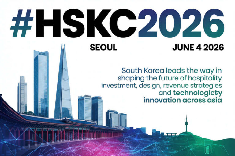 Event poster for HSKC2026 in Seoul, June 4, 2026, with skyline and text about Korea leading in hospitality technology.