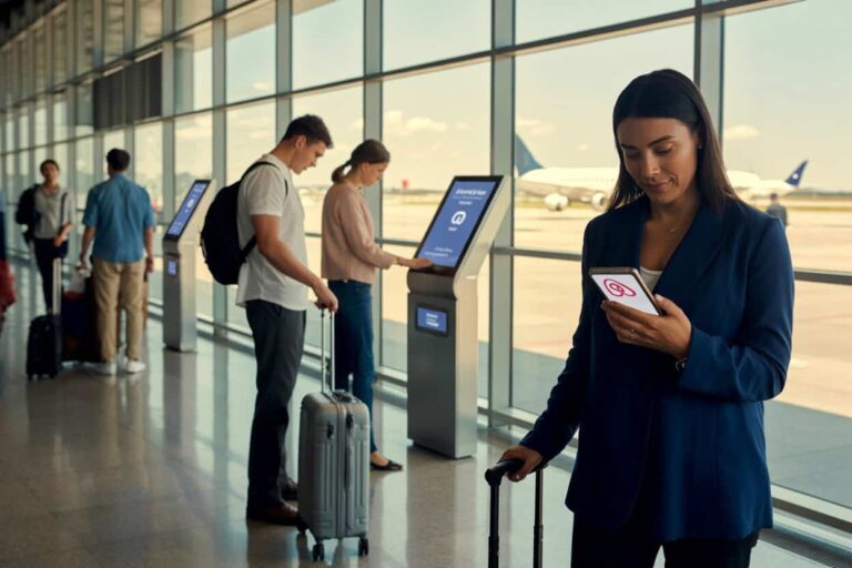 Airport terminal with self-service check-in kiosks and passengers with rolling luggage; foreground woman in a blue blazer looks at her phone near a window.