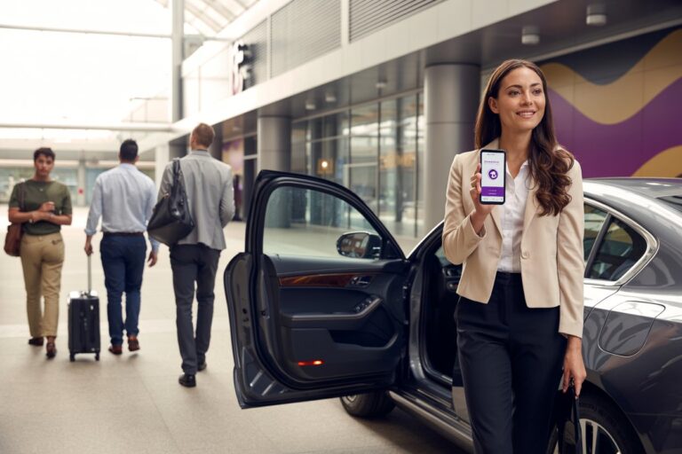 Businesswoman standing beside an open car door in a showroom, holding up a phone displaying a purple app screen.
