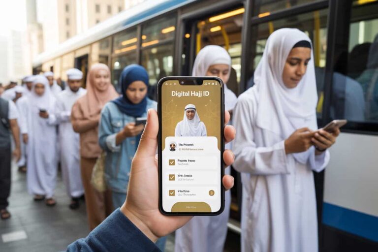 Close-up of a hand holding a smartphone showing the 'Digital Haji ID' screen with a checklist, as pilgrims in white robes wait by a bus in the background.