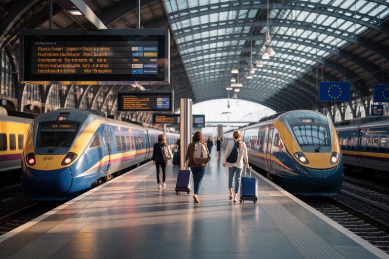 Platform at a modern train station with two blue and yellow high-speed trains and travelers walking with rolling suitcases.