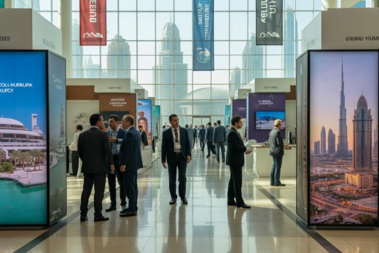 Business professionals networking at a travel expo with large booth displays and cityscape banners in a bright atrium.